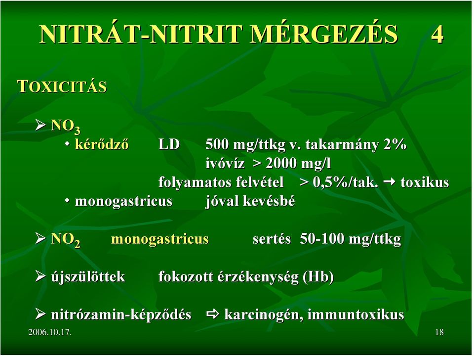 toxikus monogastricus jóval kevésb sbé NO 2 monogastricus sertés 50-100 mg/ttkg
