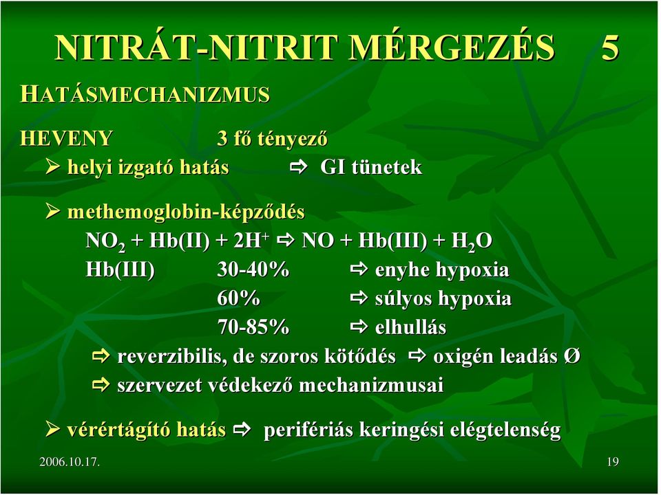 súlyos hypoxia 70-85% elhullás reverzibilis, de szoros kötődés k oxigén n leadás Ø szervezet