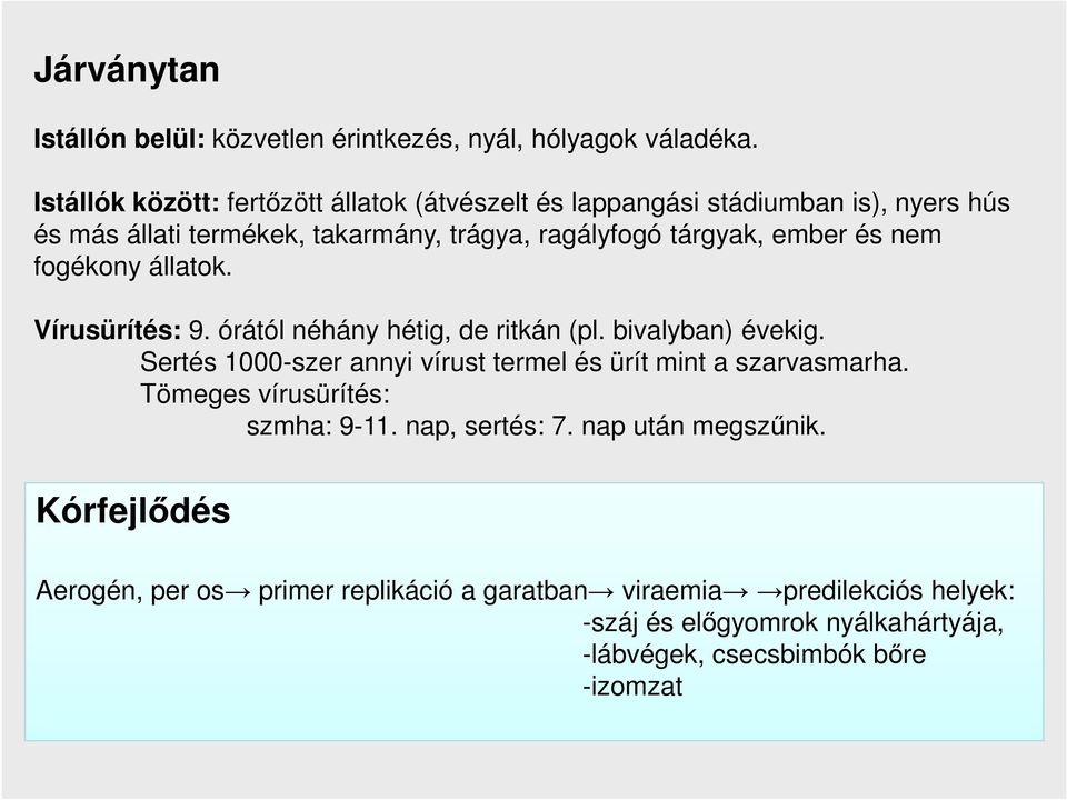 és nem fogékony állatok. Vírusürítés: 9. órától néhány hétig, de ritkán (pl. bivalyban) évekig.