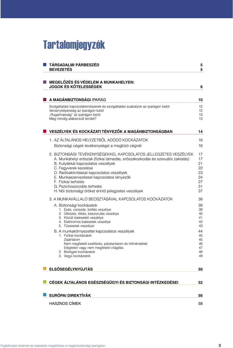 AZ ÁLTALÁNOS HELYZETBÕL ADÓDÓ KOCKÁZATOK 16 Biztonsági cégek tevékenységei a megbízó cégnél 16 2. BIZTONSÁGI TEVÉKENYSÉGEKKEL KAPCSOLATOS JELLEGZETES VESZÉLYEK 17 A.