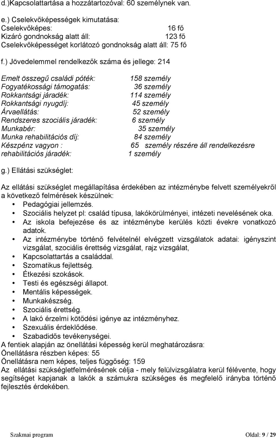 ) Jövedelemmel rendelkezők száma és jellege: 214 Emelt összegű családi póték: Fogyatékossági támogatás: Rokkantsági járadék: Rokkantsági nyugdíj: Árvaellátás: Rendszeres szociális járadék: Munkabér: