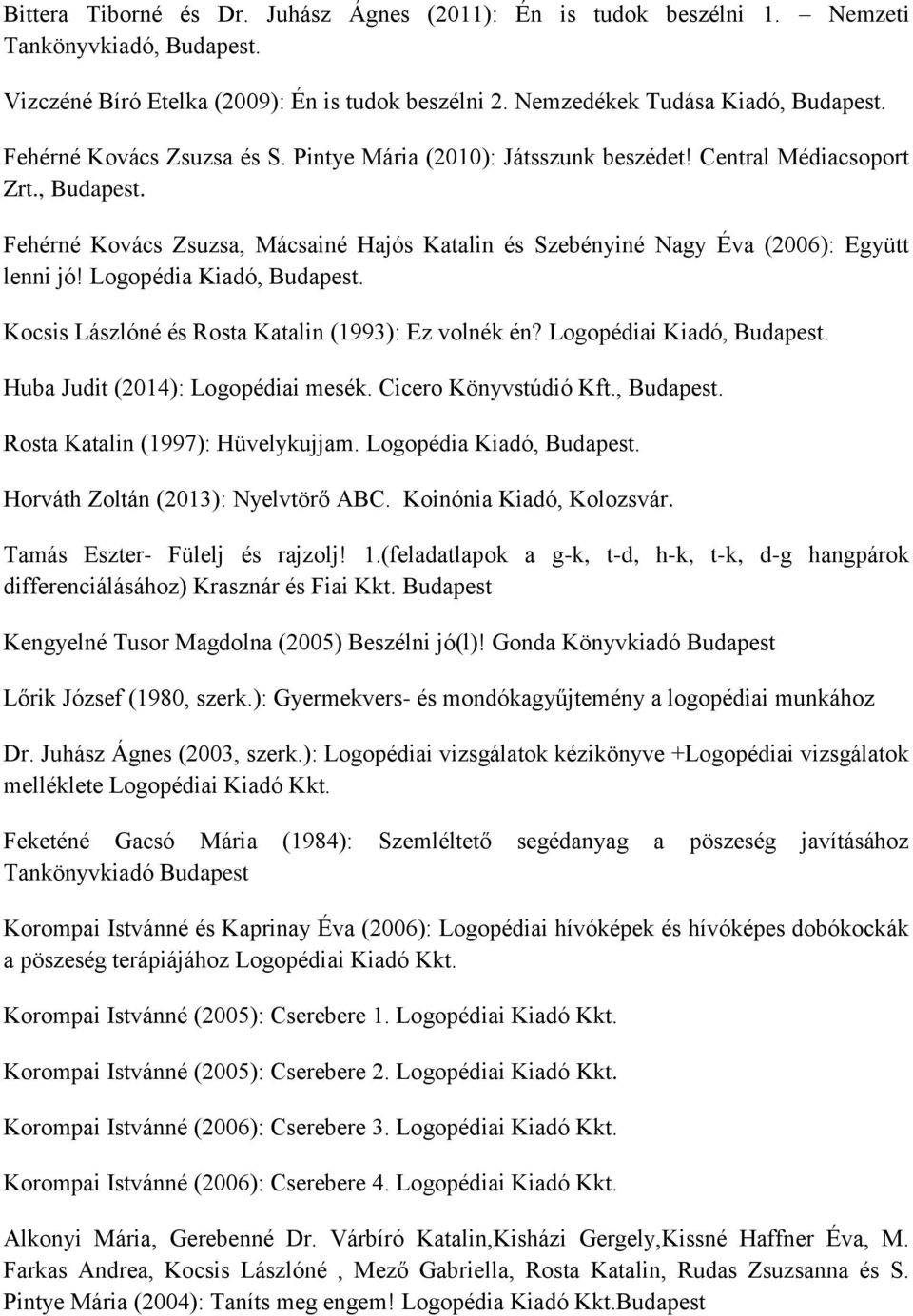 Logopédia Kiadó, Kocsis Lászlóné és Rosta Katalin (1993): Ez volnék én? Logopédiai Kiadó, Huba Judit (2014): Logopédiai mesék. Cicero Könyvstúdió Kft., Rosta Katalin (1997): Hüvelykujjam.