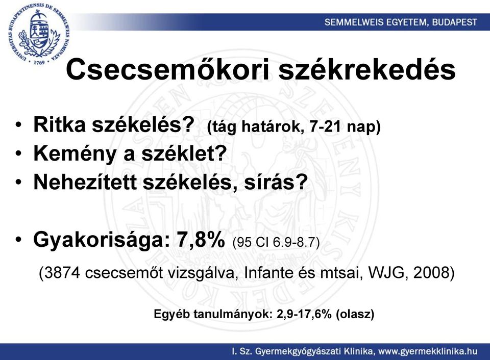 Nehezített székelés, sírás? Gyakorisága: 7,8% (95 CI 6.9-8.