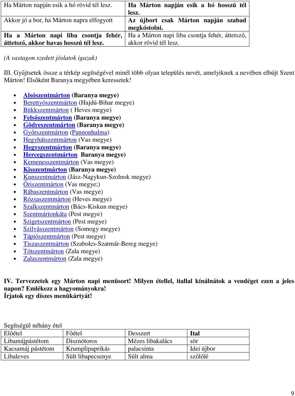 (A vastagon szedett jóslatok igazak) III. Gyűjtsetek össze a térkép segítségével minél több olyan település nevét, amelyiknek a nevében elbújt Szent Márton! Elsőként Baranya megyében keressetek!