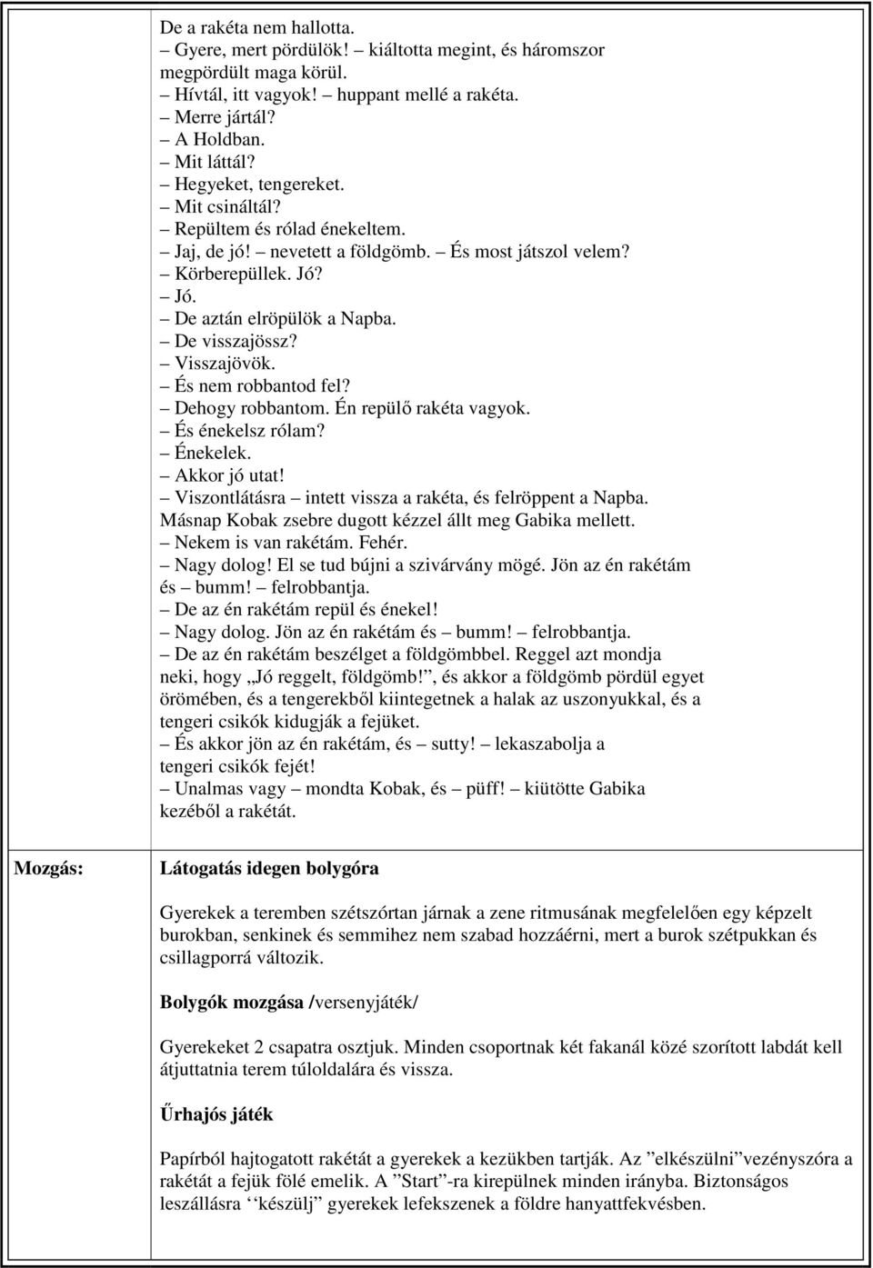 Visszajövök. És nem robbantod fel? Dehogy robbantom. Én repülő rakéta vagyok. És énekelsz rólam? Énekelek. Akkor jó utat! Viszontlátásra intett vissza a rakéta, és felröppent a Napba.