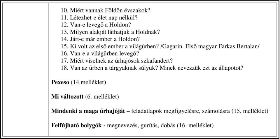 Miért viselnek az űrhajósok szkafandert? 18. Van az űrben a tárgyaknak súlyuk? Minek nevezzük ezt az állapotot? Pexeso (14.