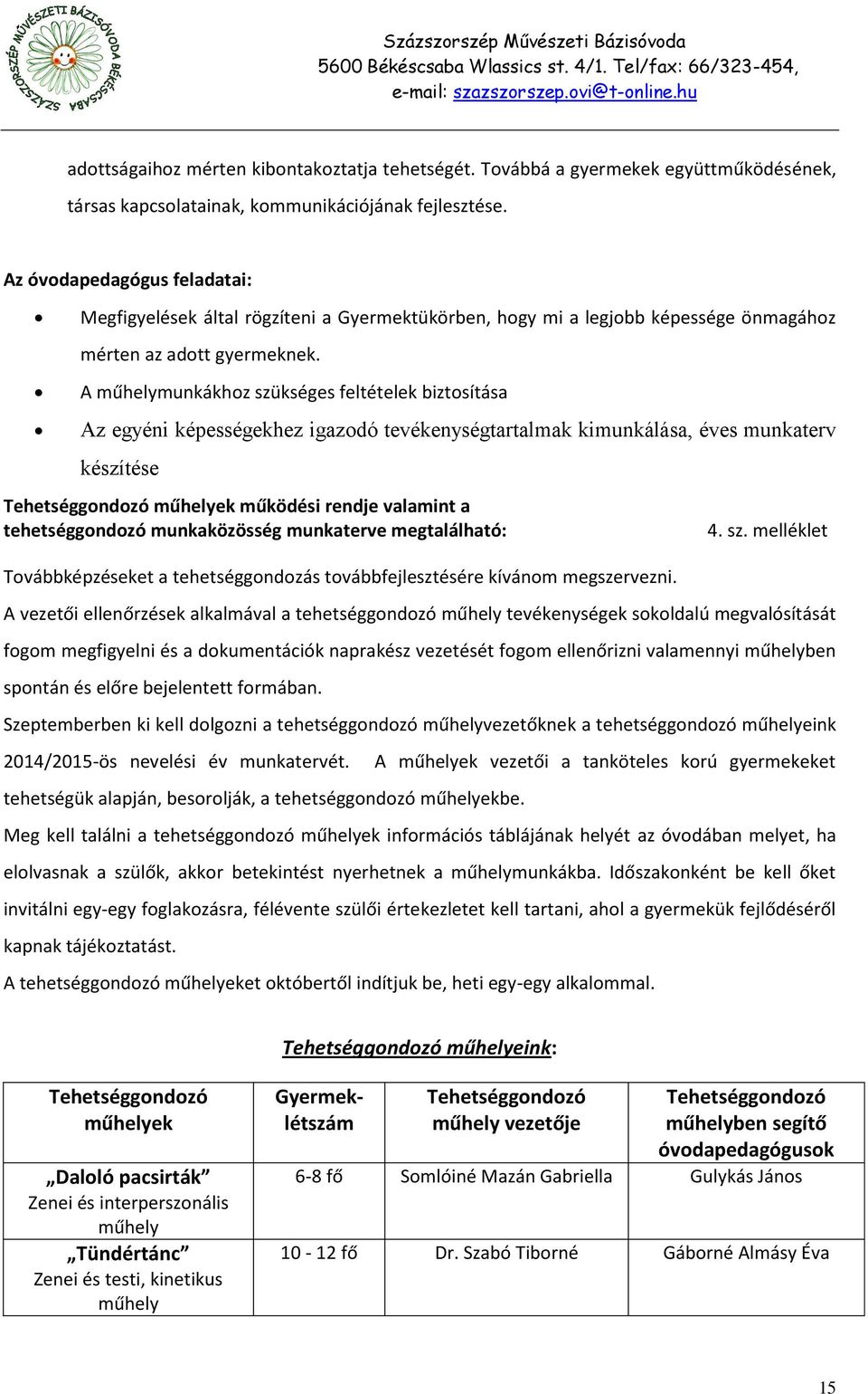 A műhelymunkákhoz szükséges feltételek biztosítása Az egyéni képességekhez igazodó tevékenységtartalmak kimunkálása, éves munkaterv készítése Tehetséggondozó műhelyek működési rendje valamint a