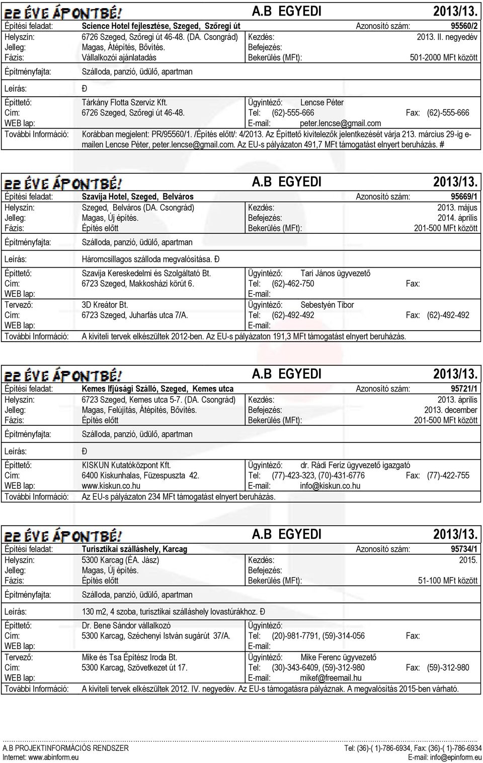 Tel: (62)-555-666 Fax: (62)-555-666 peter.lencse@gmail.com További Információ: Korábban megjelent: PR/95560/1. /Építés előtt/: 4/2013. Az Építtető kivitelezők jelentkezését várja 213.