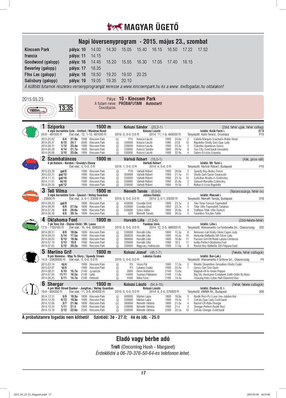 10 A külföldi futamok részletes versenyprogramját keresse a www.kincsempark.hu és a www. lovifogadas.hu oldalakon! 2015.05.23 13:35 A futam neve: PRÓBAFUTAM Autóstart!