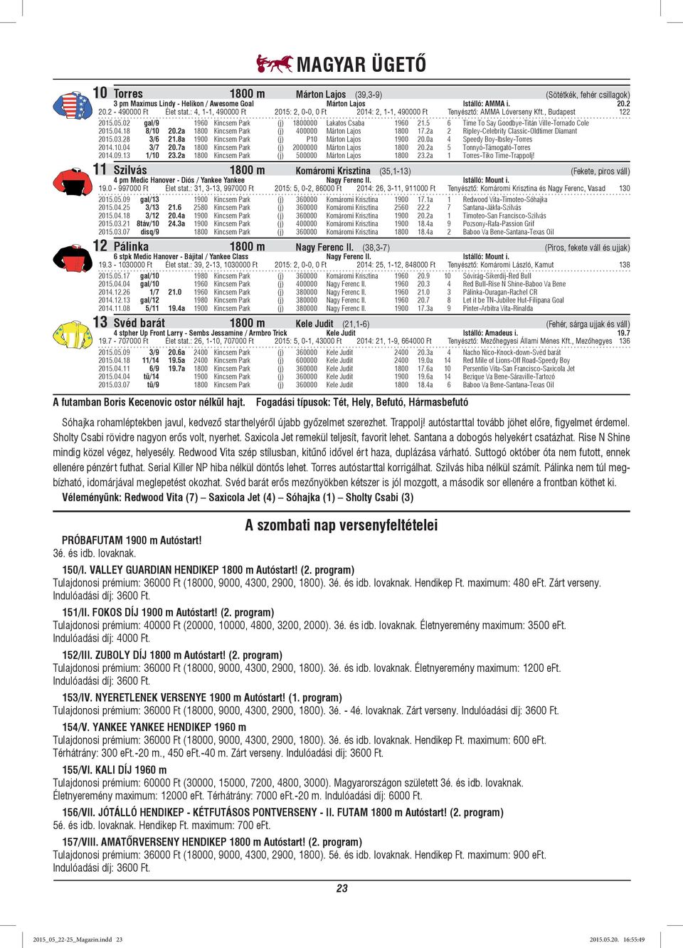 5 6 Time To Say Goodbye-Titán Ville-Tornado Cole 2015.04.18 8/10 20.2a 1800 Kincsem Park (j) 400000 Márton Lajos 1800 17.2a 2 Ripley-Celebrity Classic-Oldtimer Diamant 2015.03.28 3/6 21.