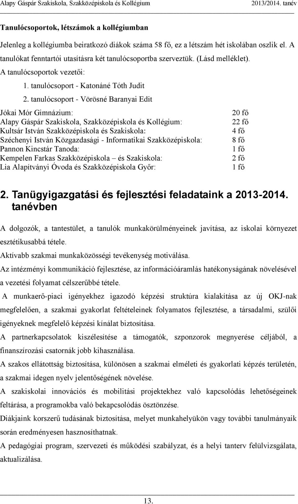 tanulócsoport - Vörösné Baranyai Edit Jókai Mór Gimnázium: 20 fő Alapy Gáspár Szakiskola, Szakközépiskola és Kollégium: 22 fő Kultsár István Szakközépiskola és Szakiskola: 4 fő Széchenyi István