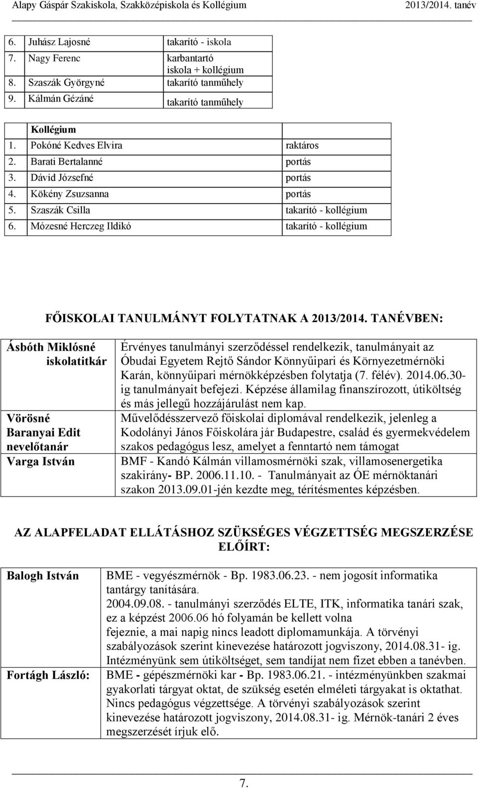 Mózesné Herczeg Ildikó takarító - kollégium FŐISKOLAI TANULMÁNYT FOLYTATNAK A 2013/2014.