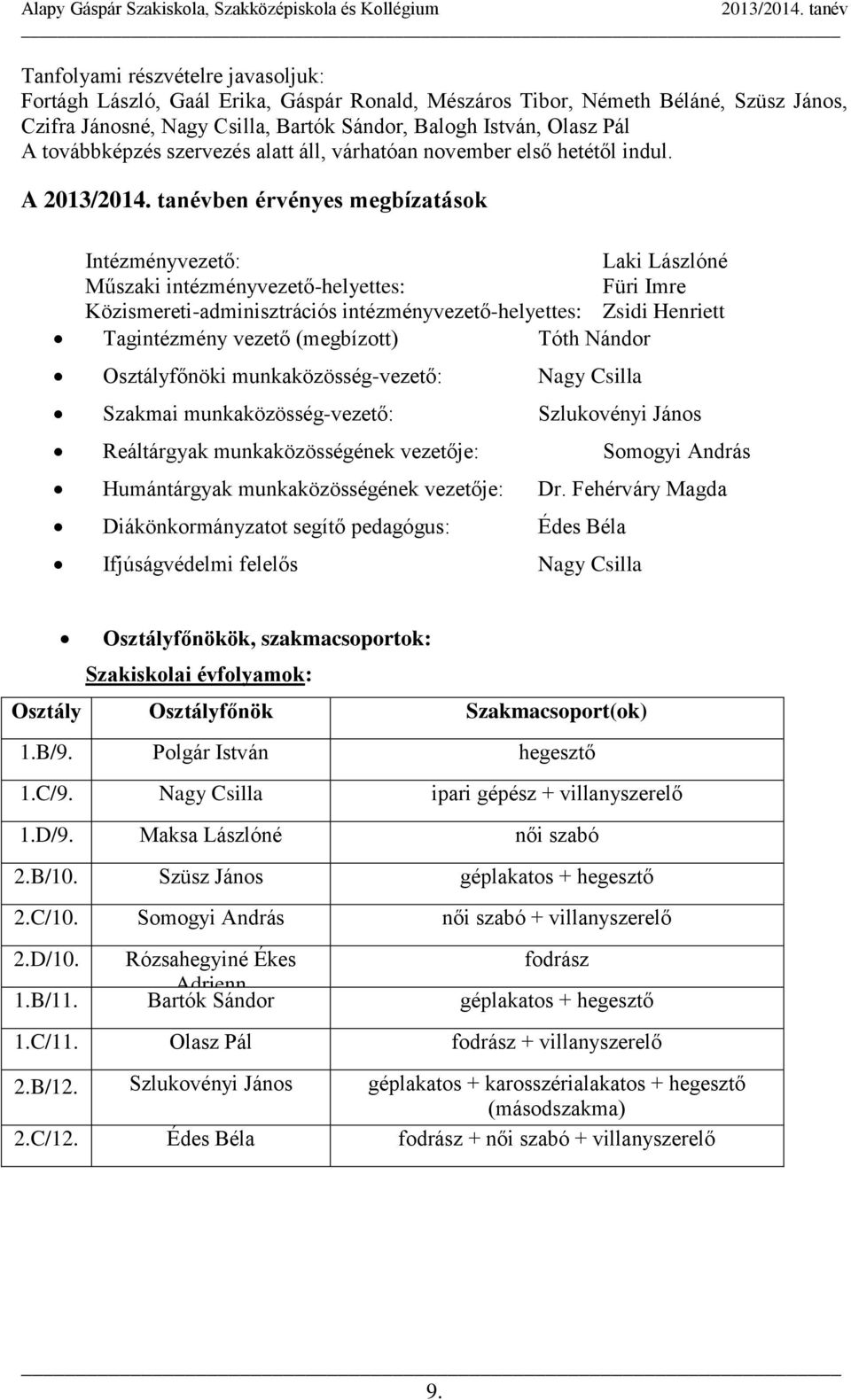 A ben érvényes megbízatások Intézményvezető: Laki Lászlóné Műszaki intézményvezető-helyettes: Füri Imre Közismereti-adminisztrációs intézményvezető-helyettes: Zsidi Henriett Tagintézmény vezető