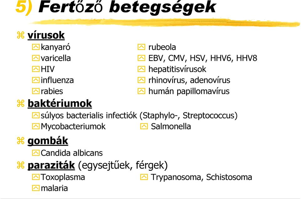 súlyos bacterialis infectiók (Staphylo-, Streptococcus) Mycobacteriumok Salmonella gombák