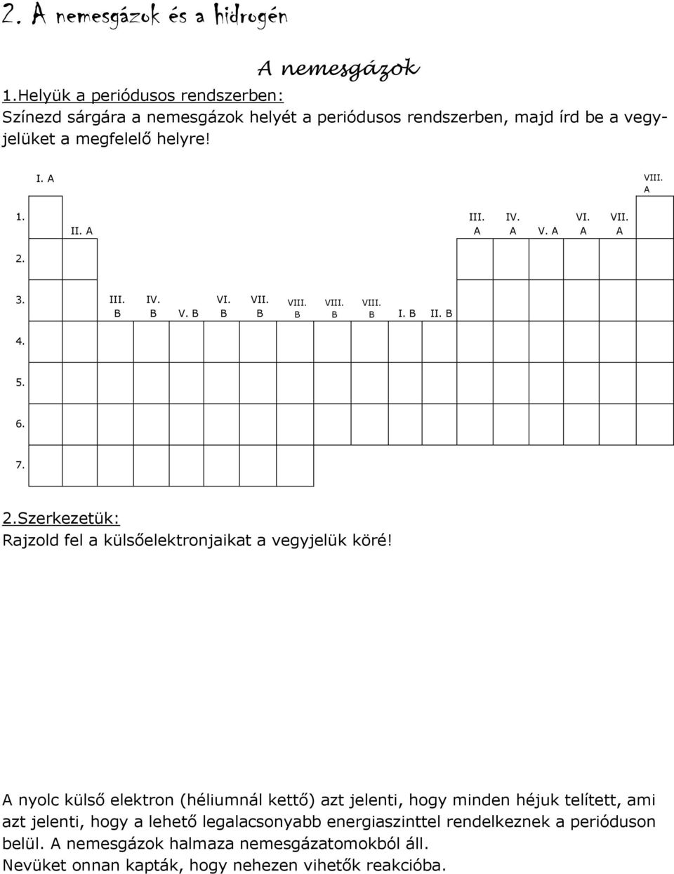 II. III. IV. V. VI. VII. 2. 3. III. IV. V. VI. VII. VIII. VIII. VIII. I. II. 4. 5. 6. 7. 2.Szerkezetük: Rajzold fel a külsőelektronjaikat a vegyjelük köré!