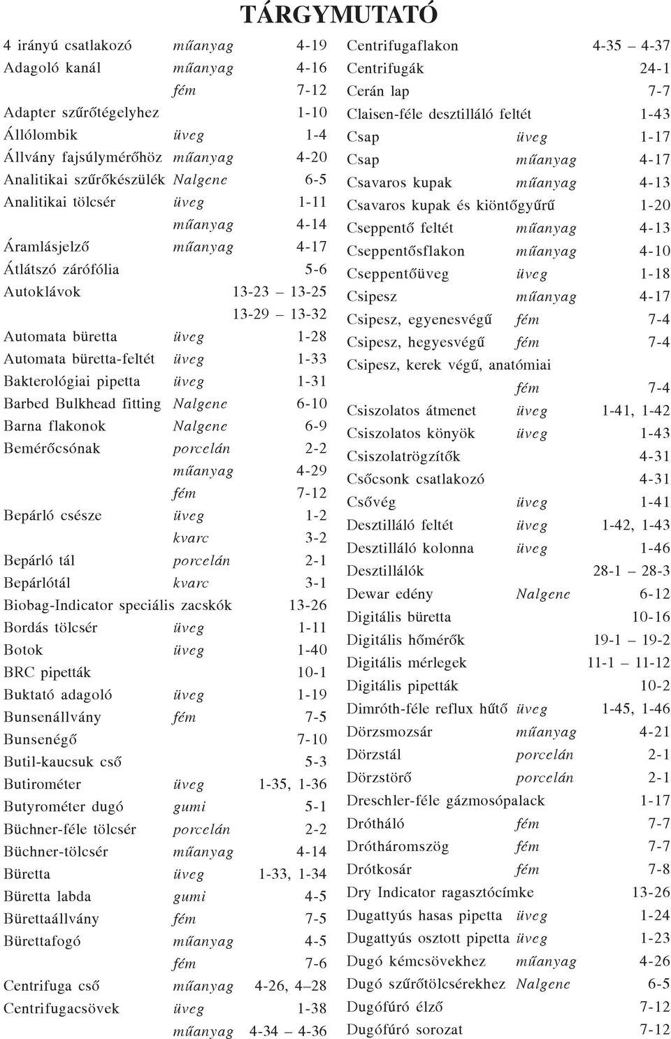 Bakterológiai pipetta üveg 1-31 Barbed Bulkhead fitting Nalgene 6-10 Barna flakonok Nalgene 6-9 Bemérõcsónak porcelán 2-2 mûanyag 4-29 fém 7-12 Bepárló csésze üveg 1-2 kvarc 3-2 Bepárló tál porcelán