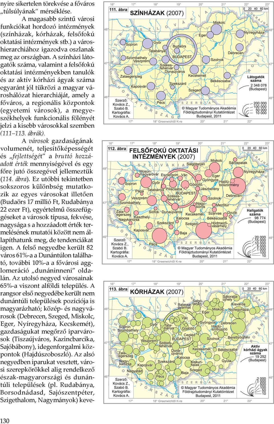 A színházi látogatók száma, valamint a felsőfokú oktatási intézményekben tanulók és az aktív kórházi ágyak száma egyaránt jól tükrözi a magyar városhálózat hierarchiáját, amely a főváros, a