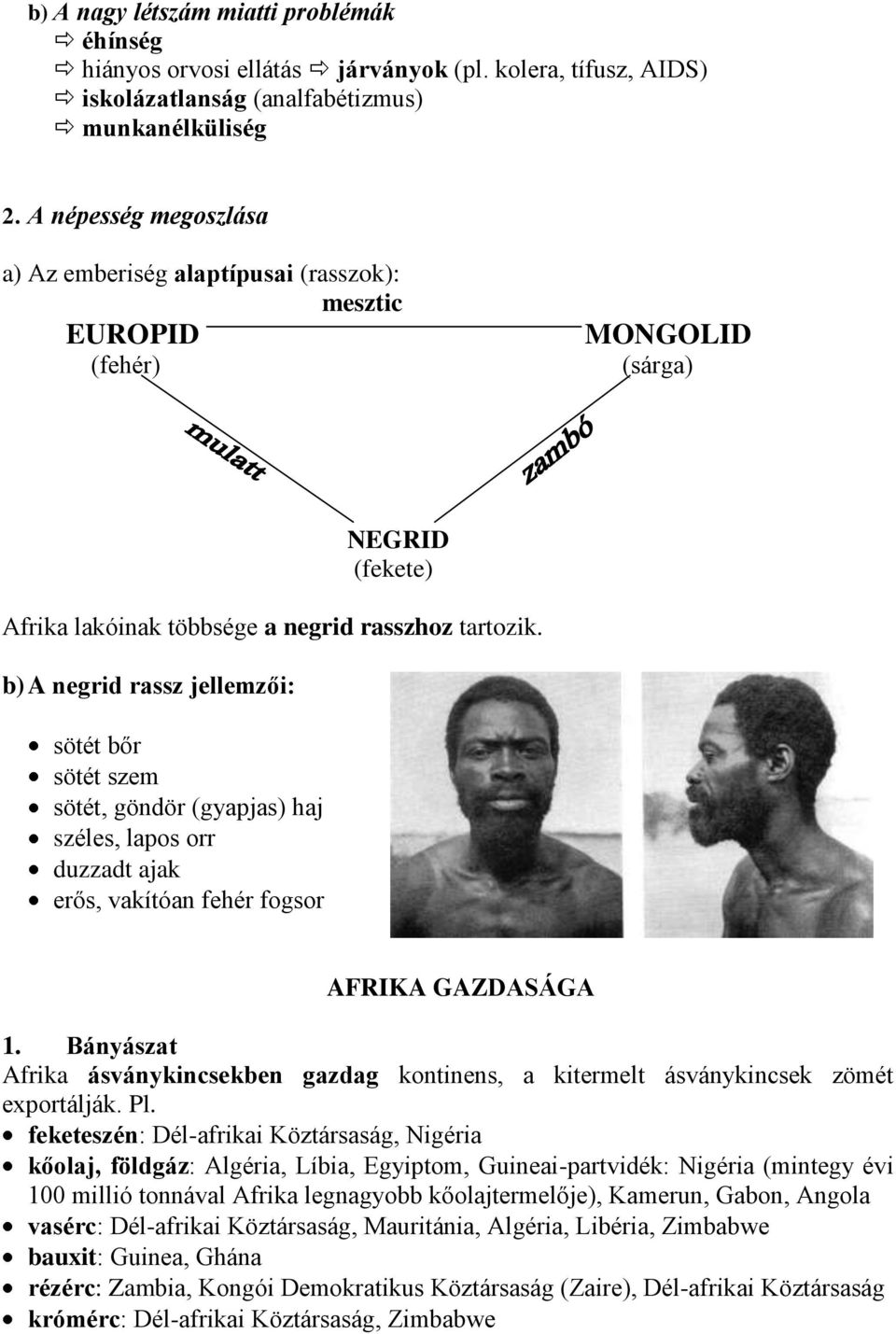 b) A negrid rassz jellemzői: sötét bőr sötét szem sötét, göndör (gyapjas) haj széles, lapos orr duzzadt ajak erős, vakítóan fehér fogsor AFRIKA GAZDASÁGA 1.