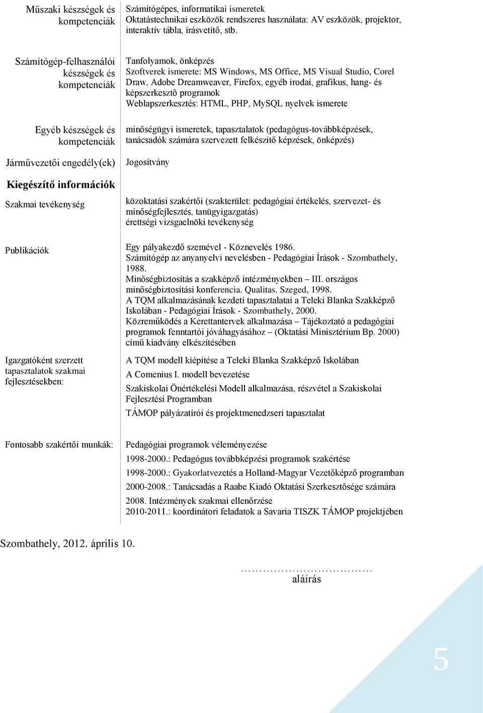 Windows, MS Office, MS Visual Studio, Corel Draw, Adobe Dreamweaver, Firefox, egyéb irodai, grafikus, hang- és képszerkesztő programok Weblapszerkesztés: HTML, PHP, MySQL nyelvek ismerete minőségügyi