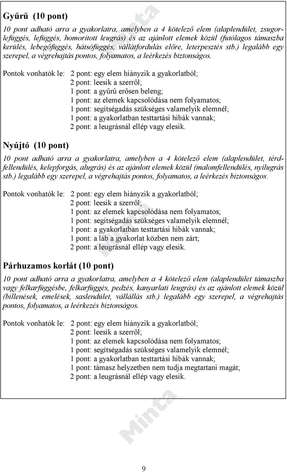 Pontok vonhatók le: 2 pont: egy elem hiányzik a gyakorlatból; 2 pont: leesik a szerről; 1 pont: a gyűrű erősen beleng; 1 pont: az elemek kapcsolódása nem folyamatos; 1 pont: segítségadás szükséges