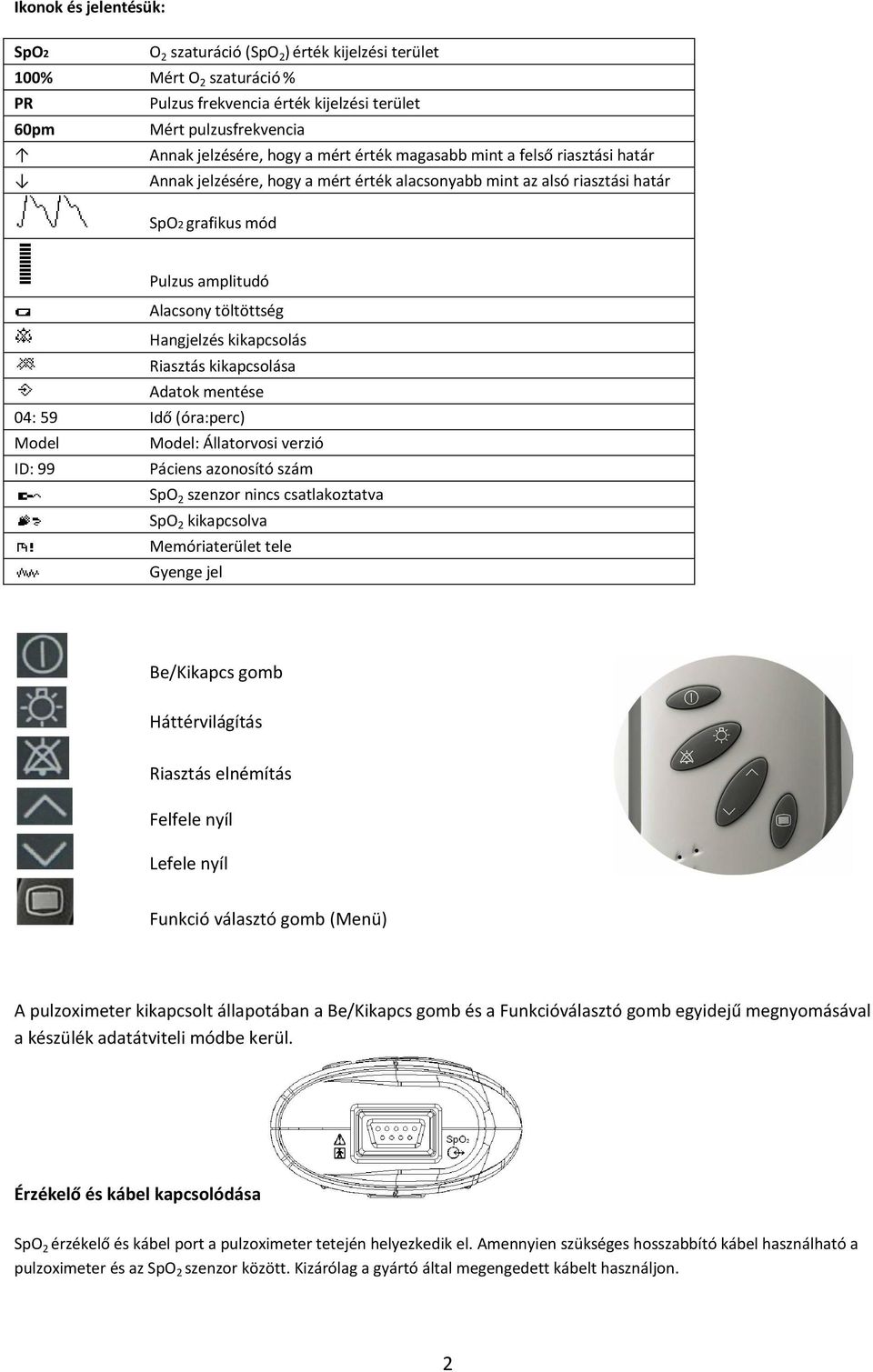 kikapcsolás Riasztás kikapcsolása Adatok mentése 04: 59 Idő (óra:perc) Model Model: Állatorvosi verzió ID: 99 Páciens azonosító szám SpO 2 szenzor nincs csatlakoztatva SpO 2 kikapcsolva