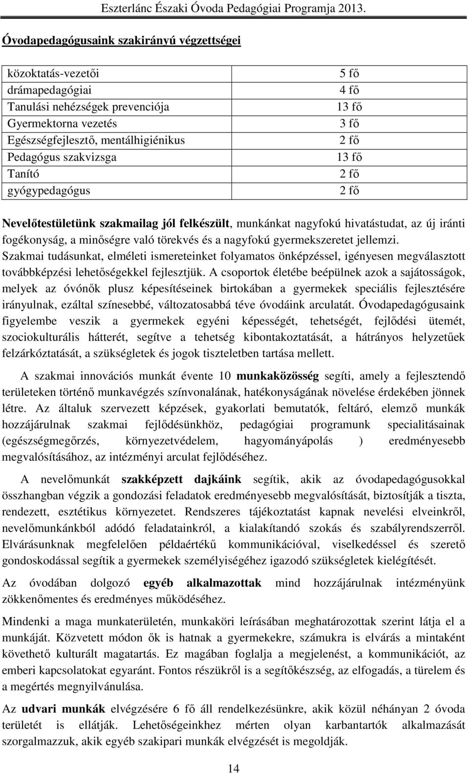 nagyfokú gyermekszeretet jellemzi. Szakmai tudásunkat, elméleti ismereteinket folyamatos önképzéssel, igényesen megválasztott továbbképzési lehetőségekkel fejlesztjük.