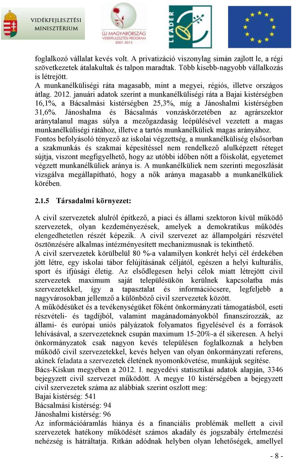 januári adatok szerint a munkanélküliségi ráta a Bajai kistérségben 16,1%, a Bácsalmási kistérségben 25,3%, míg a Jánoshalmi kistérségben 31,6%.