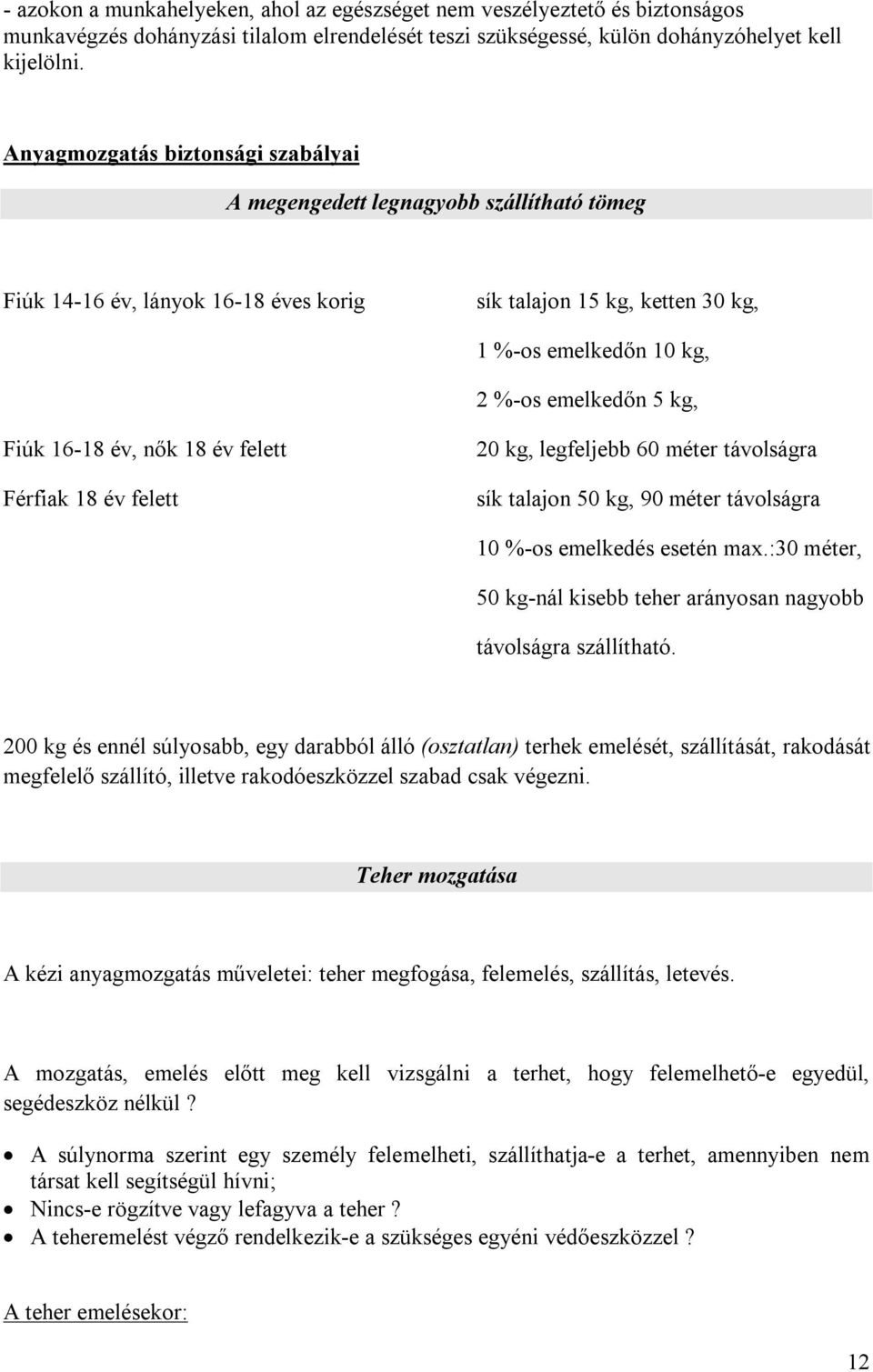 Fiúk 16-18 év, nők 18 év felett Férfiak 18 év felett 20 kg, legfeljebb 60 méter távolságra sík talajon 50 kg, 90 méter távolságra 10 %-os emelkedés esetén max.