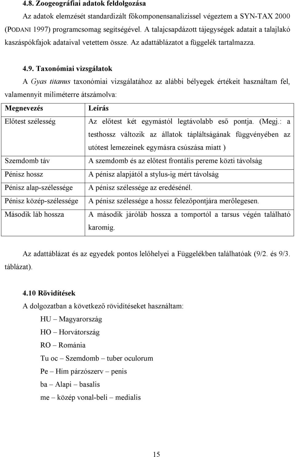 Taxonómiai vizsgálatok A Gyas titanus taxonómiai vizsgálatához az alábbi bélyegek értékeit használtam fel, valamennyit miliméterre átszámolva: Megnevezés Leírás Előtest szélesség Az előtest két