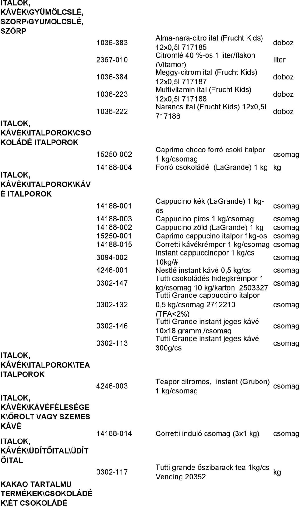 717187 Multivitamin ital (Frucht Kids) 12x0,5l 717188 Narancs ital (Frucht Kids) 12x0,5l 717186 liter Caprimo choco forró csoki italpor 15250-002 1 / 14188-004 Forró csokoládé (LaGrande) 1 14188-001