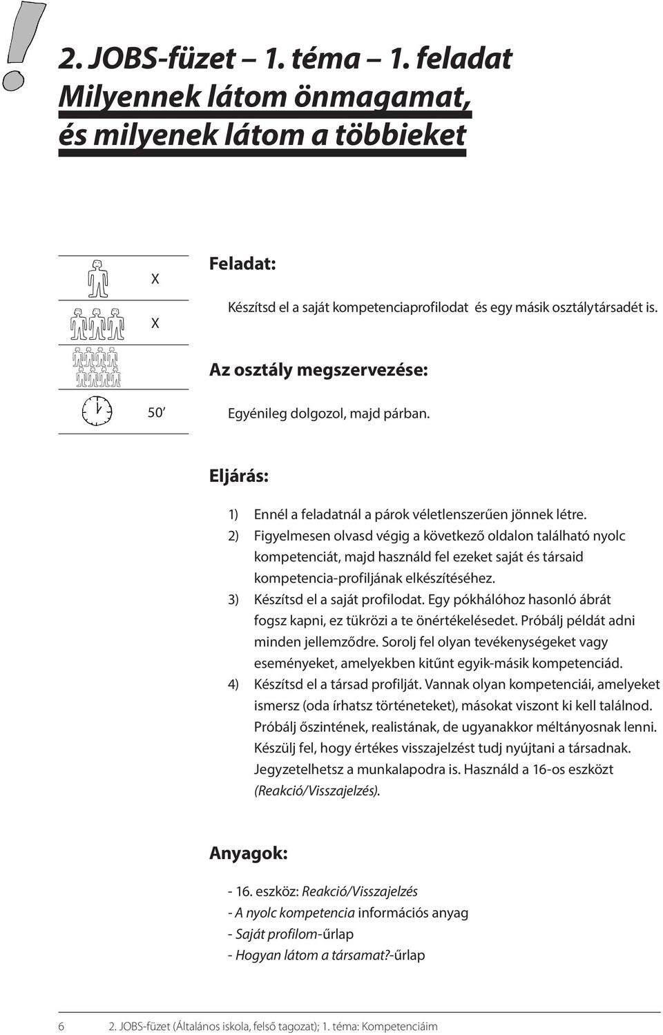 2) Figyelmesen olvasd végig a következő oldalon található nyolc kompetenciát, majd használd fel ezeket saját és társaid kompetencia-profiljának elkészítéséhez. 3) Készítsd el a saját profilodat.