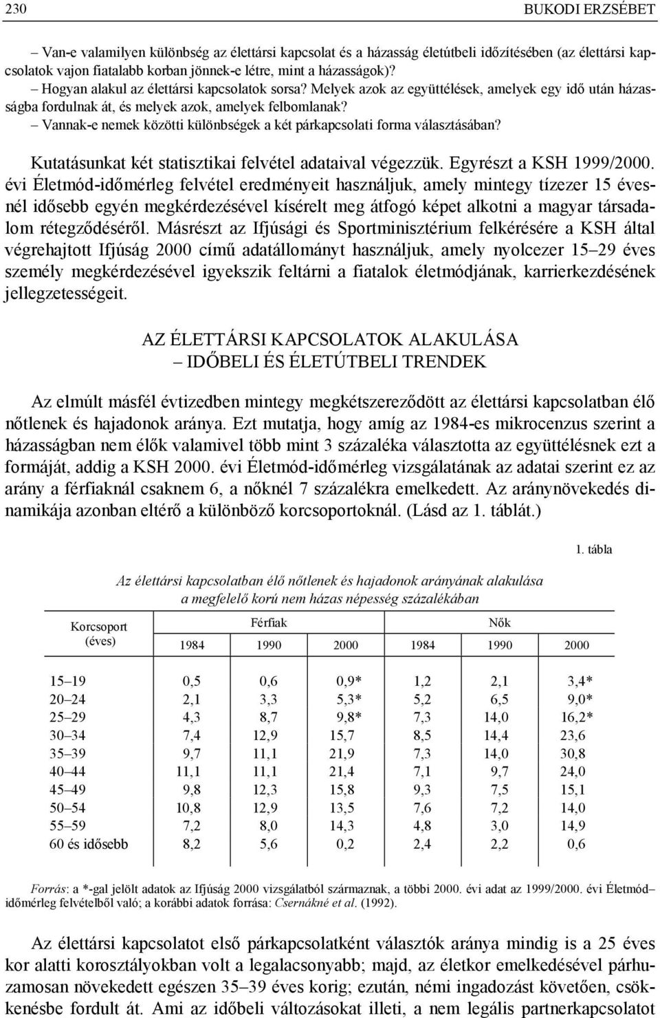 Vannak-e nemek közötti különbségek a két párkapcsolati forma választásában? Kutatásunkat két statisztikai felvétel adataival végezzük. Egyrészt a KSH 1999/2000.