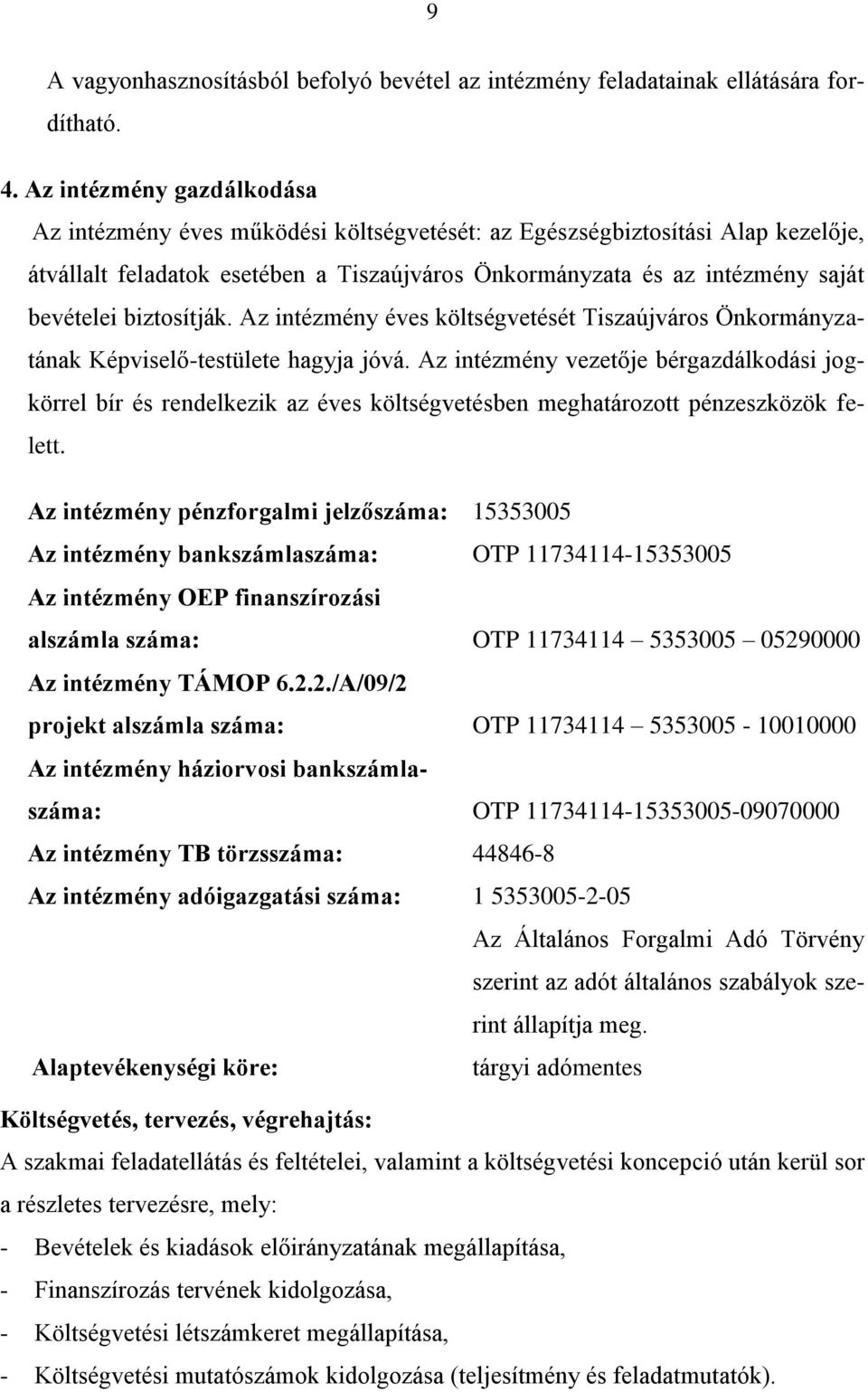 biztosítják. Az intézmény éves költségvetését Tiszaújváros Önkormányzatának Képviselő-testülete hagyja jóvá.