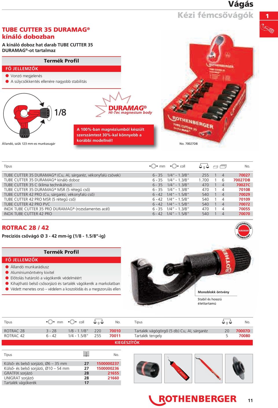 TUBE CUTTER 35 DURAMAG (Cu, Al, sárgaréz, vékonyfalú csövek) 6-35 1/4-1.3/8 255 1 4 70027 TUBE CUTTER 35 DURAMAG kínáló doboz 6-35 1/4-1.3/8 1.