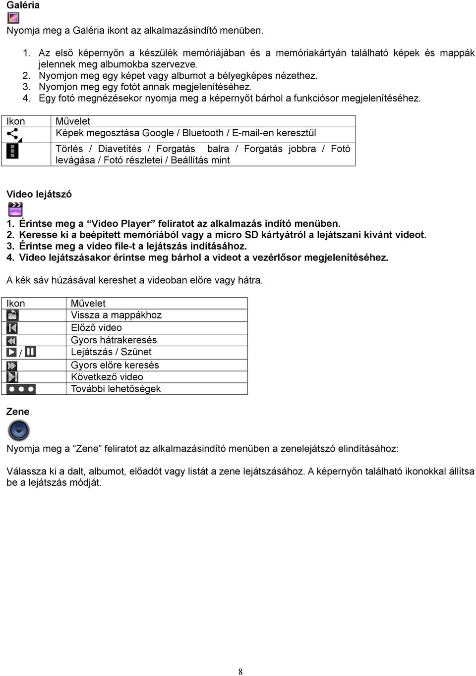 Ikon Művelet Képek megosztása Google / Bluetooth / E-mail-en keresztül Törlés / Diavetítés / Forgatás balra / Forgatás jobbra / Fotó levágása / Fotó részletei / Beállítás mint Video lejátszó 1.