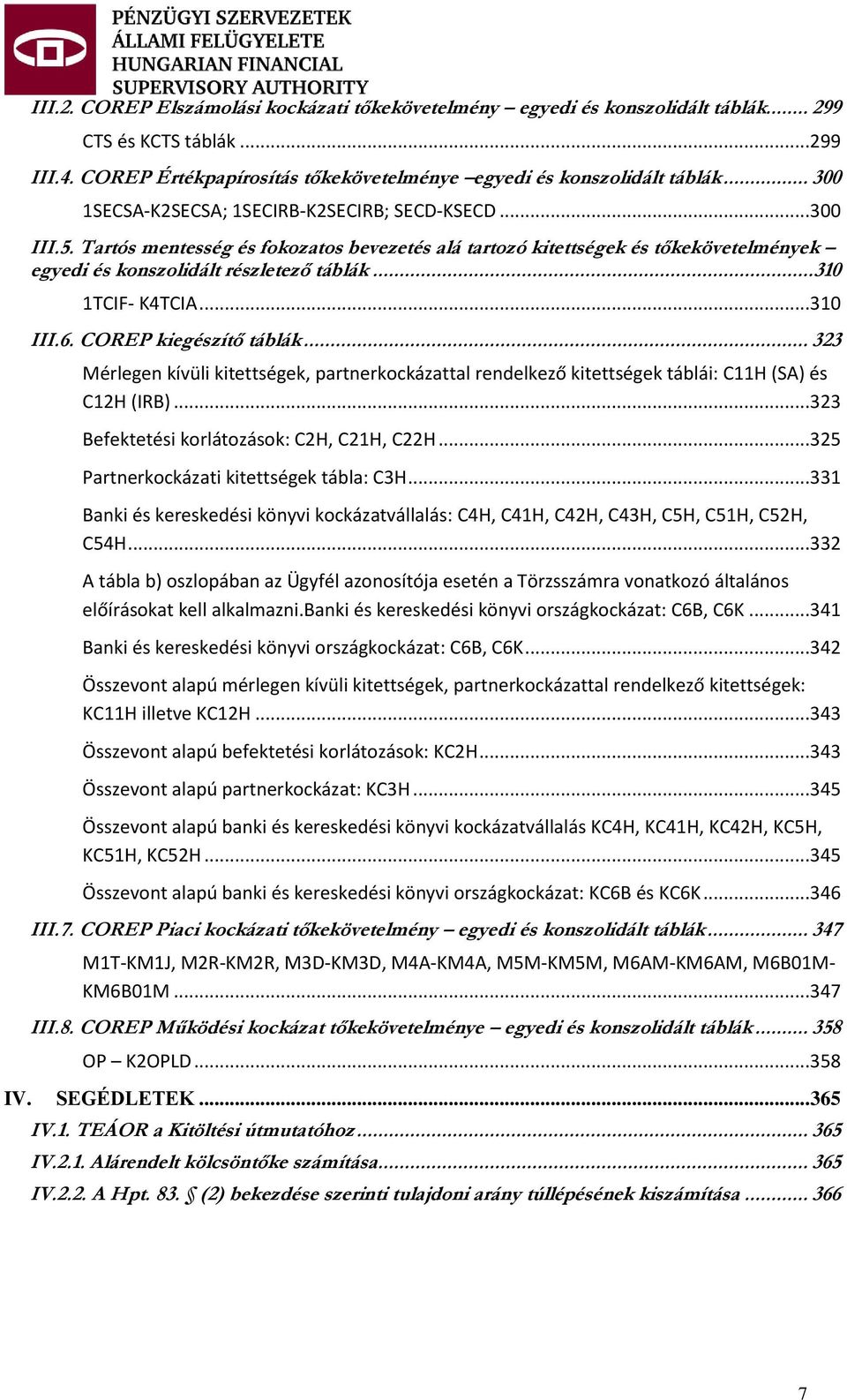 .. 310 1TCIF- K4TCIA...310 III.6. COREP kiegészítő táblák... 323 Mérlegen kívüli kitettségek, partnerkockázattal rendelkező kitettségek táblái: C11H (SA) és C12H (IRB).