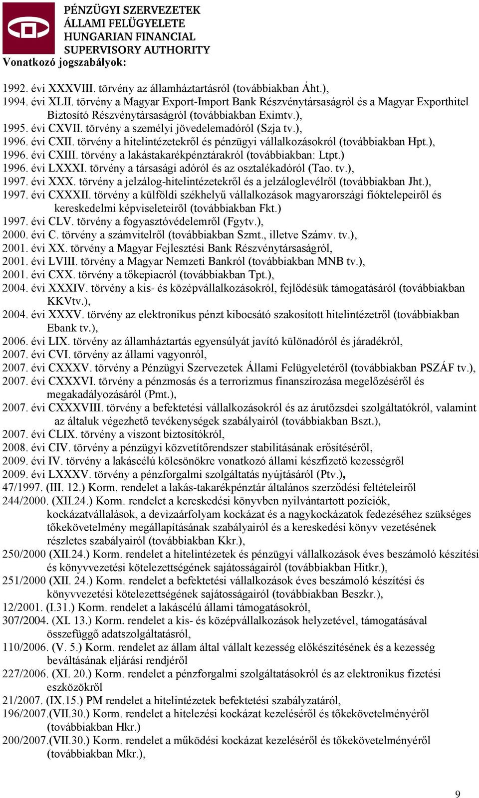 ), 1996. évi CXII. törvény a hitelintézetekről és pénzügyi vállalkozásokról (továbbiakban Hpt.), 1996. évi CXIII. törvény a lakástakarékpénztárakról (továbbiakban: Ltpt.) 1996. évi LXXXI.