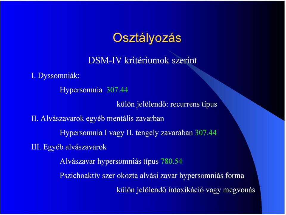 II. tengely zavarában 307.44 III. Egyéb alvászavarok Alvászavar hypersomniás típus 780.