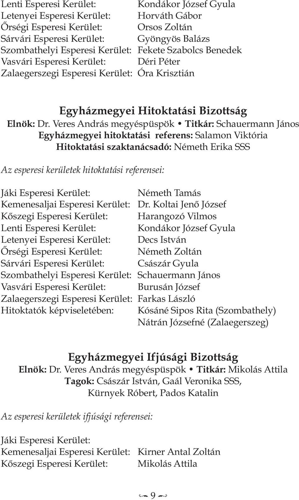 Veres András megyéspüspök titkár: Schauermann János egyházmegyei hitoktatási referens: Salamon Viktória hitoktatási szaktanácsadó: Németh Erika SSS Az esperesi kerületek hitoktatási referensei: Jáki