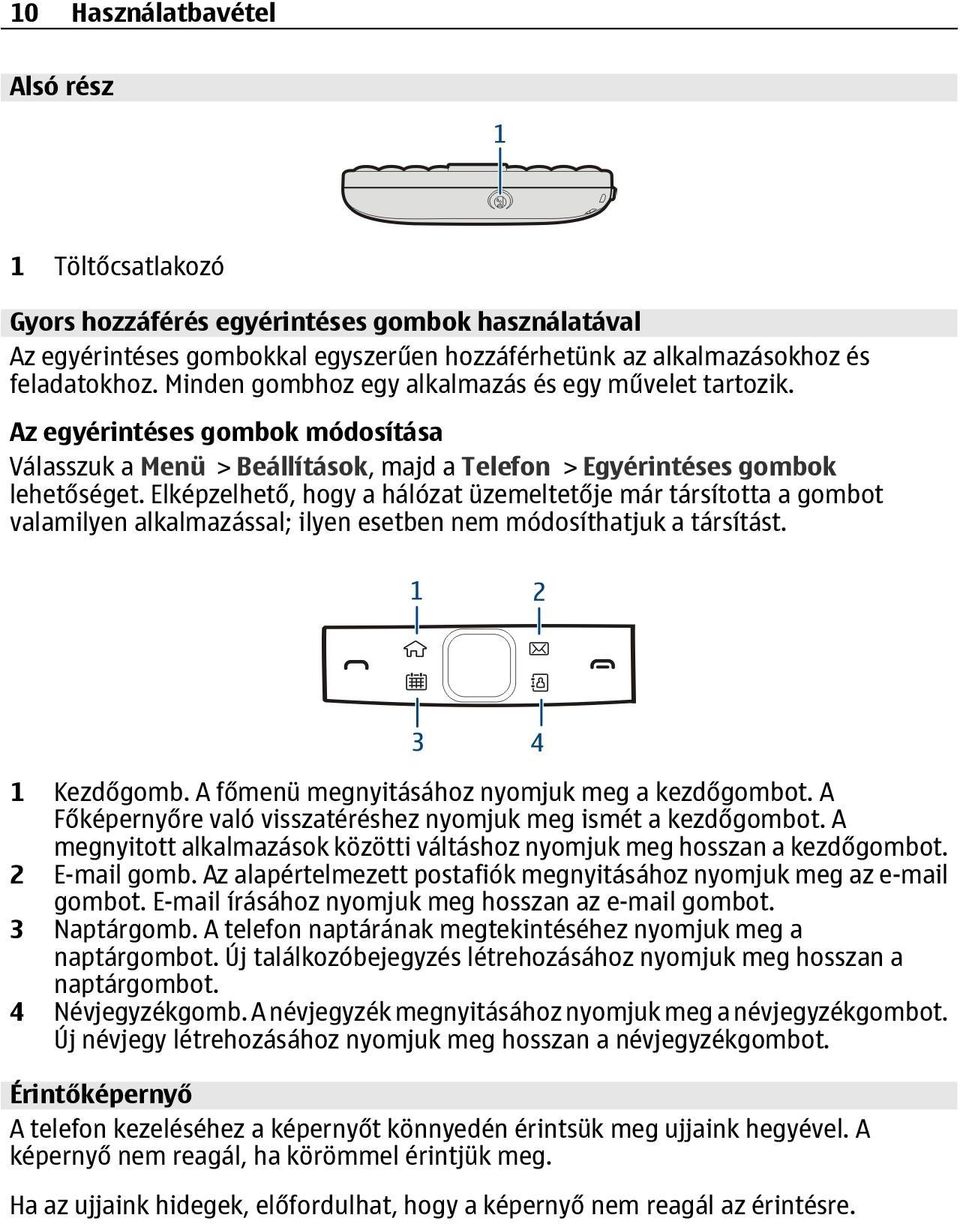 Elképzelhető, hogy a hálózat üzemeltetője már társította a gombot valamilyen alkalmazással; ilyen esetben nem módosíthatjuk a társítást. 1 Kezdőgomb. A főmenü megnyitásához nyomjuk meg a kezdőgombot.