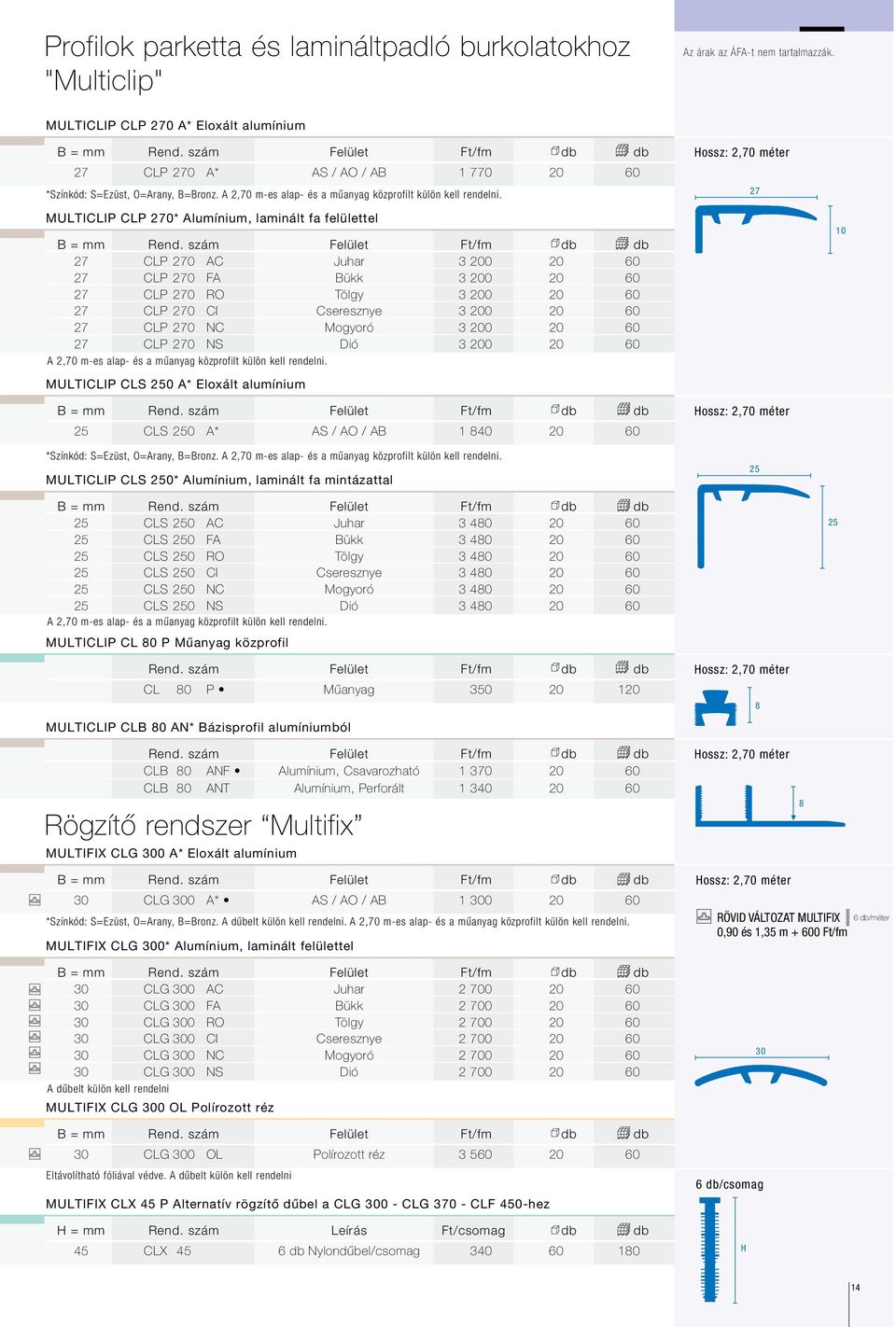 m-es alap- és a műanyag közprofilt külön kell rendelni. MULTICLIP CLS 250 A* Eloxált alumínium *Színkód: S=Ezüst, O=Arany, B=Bronz. A 2,70 m-es alap- és a műanyag közprofilt külön kell rendelni.