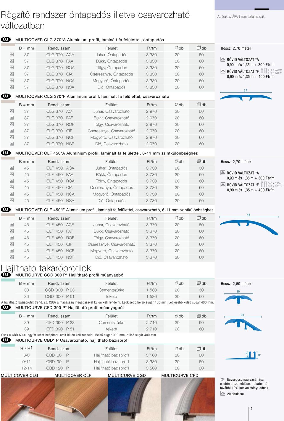 60 MULTICOVER CLG 370*F Alumínium profil, laminált fa felülettel, csavarozható 37 CLG 370 ACF Juhar, Csavarozható 2 970 20 60 37 CLG 370 FAF Bükk, Csavarozható 2 970 20 60 37 CLG 370 ROF Tölgy,