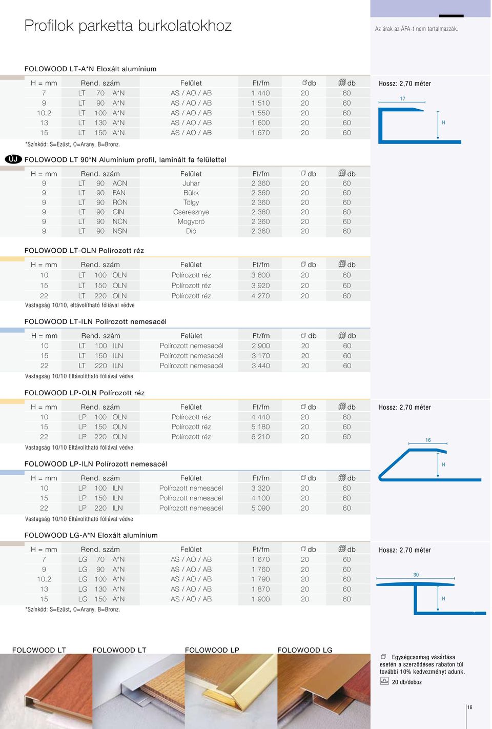 1 670 20 60 *Színkód: S=Ezüst, O=Arany, B=Bronz. 17 FOLOWOOD LT 90*N Alumínium profil, laminált fa felülettel = mm Rend.