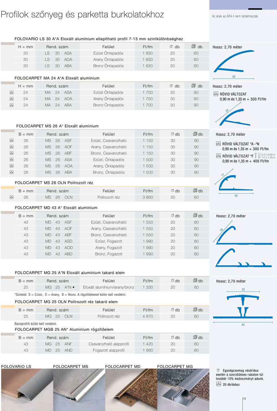 szám Felület Ft/fm db db 24 MA 24 ASA Ezüst Öntapadós 1 700 30 90 24 MA 24 AOA Arany Öntapadós 1 700 30 90 24 MA 24 ABA Bronz Öntapadós 1 700 30 90 30 RÖVID VÁLTOZAT 0,90 m és 1,35 m + 300 Ft/fm 24