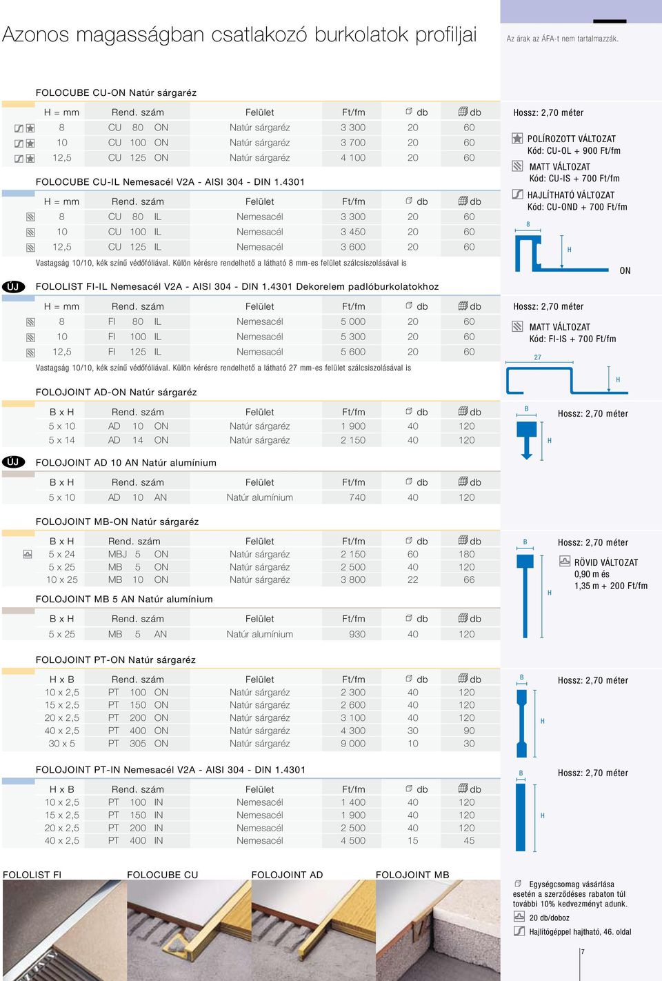 4301 = mm Rend. szám Felület Ft/fm db db 8 CU 80 IL Nemesacél 3 300 20 60 CU 0 IL Nemesacél 3 450 20 60 12,5 CU 125 IL Nemesacél 3 600 20 60 Vastagság /, kék színű védőfóliával.
