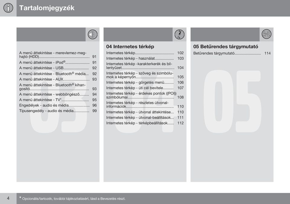 .. 95 Engedélyek - audio és média... 96 04 Internetes térkép 05 Betűrendes tárgymutató Internetes térkép... 102 Betűrendes tárgymutató... 114 Internetes térkép - használat.