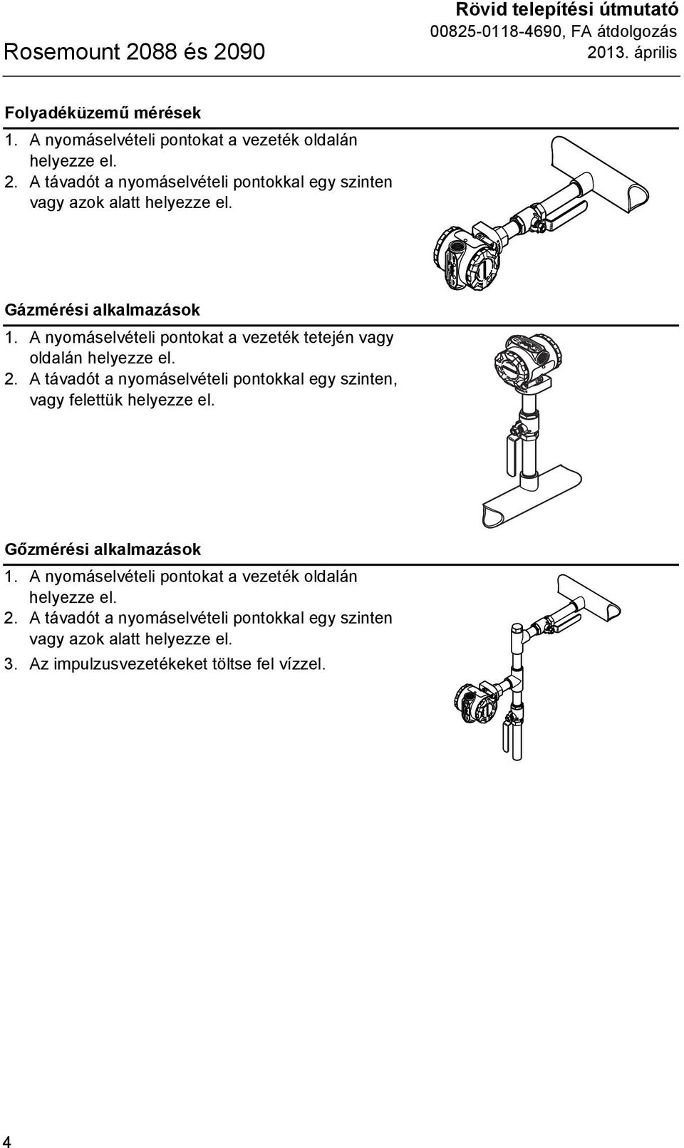 A távadót a nyomáselvételi pontokkal egy szinten, vagy felettük helyezze el. Gőzmérési alkalmazások 1.