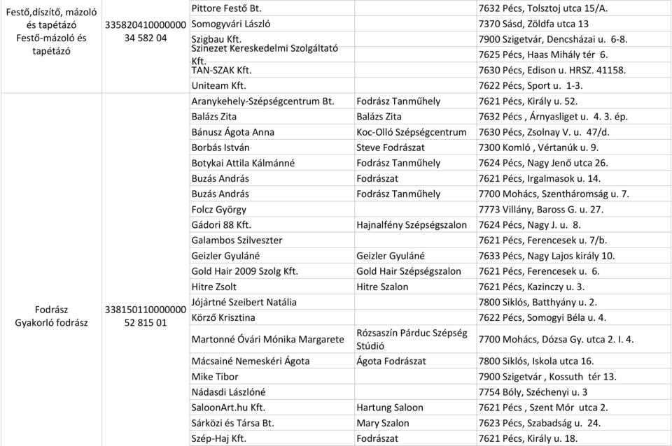 HRSZ. 41158. Uniteam Kft. 7622 Pécs, Sport u. 1-3. Aranykehely-Szépségcentrum Bt. Fodrász Tanműhely 7621 Pécs, Király u. 52. Balázs Zita Bánusz Ágota Anna Balázs Zita 7630 Pécs, Zsolnay V. u. 47/d.