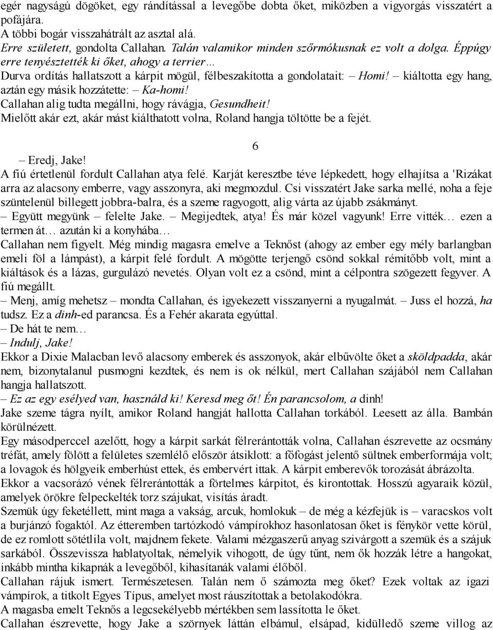 kiáltotta egy hang, aztán egy másik hozzátette: Ka-homi! Callahan alig tudta megállni, hogy rávágja, Gesundheit! Mielőtt akár ezt, akár mást kiálthatott volna, Roland hangja töltötte be a fejét.