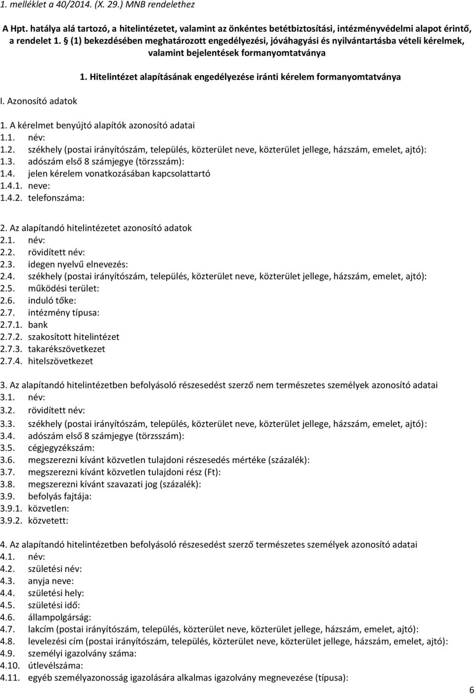 Hitelintézet alapításának engedélyezése iránti kérelem formanyomtatványa 1. A kérelmet benyújtó alapítók azonosító adatai 1.1. név: 1.2.